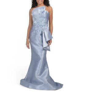 TERANI Slate Strapless Embroidered Floral Applique Mikado Gown